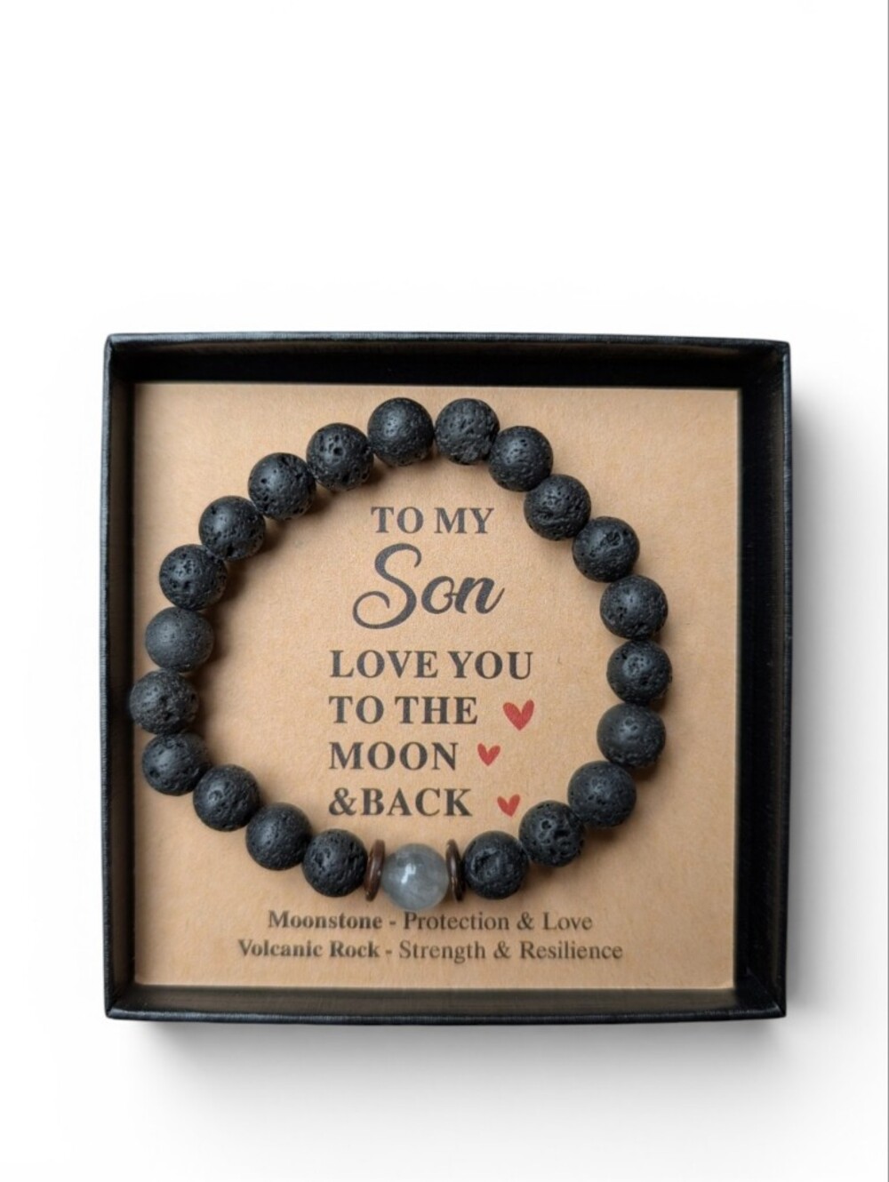 Lava Stone Beaded Bracelet with Moonstone Accent - Black